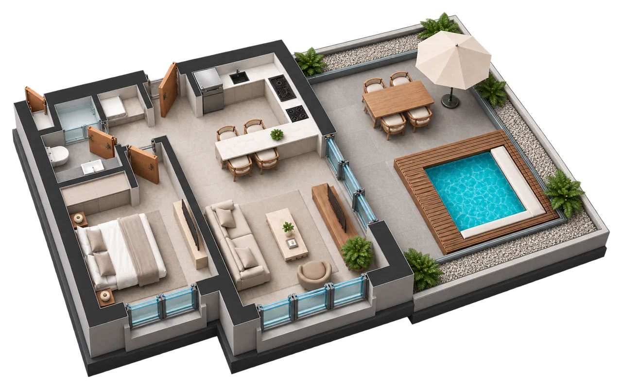 Royal Terrace 1+1 dairesinin üç boyutlu yerleşim görseli — temsili